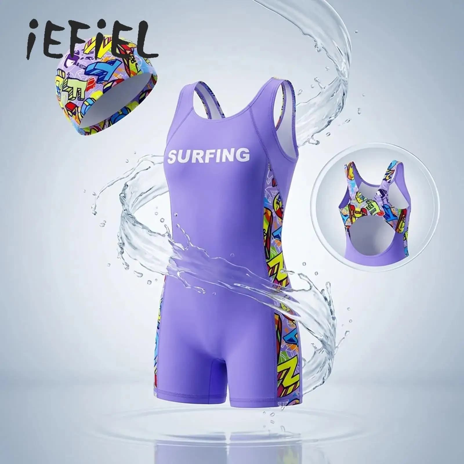 Costume da bagno intero professionale da ragazza per allenamento atletico, senza maniche, con cut-out posteriore, con cappuccio da nuoto