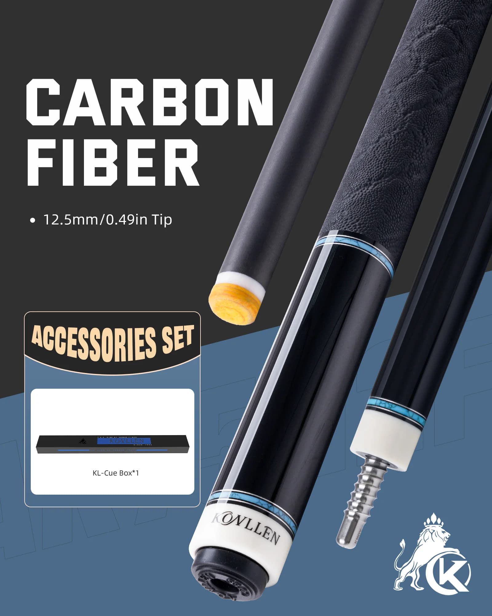 Stecca da Biliardo KONLLEN 15K in Fibra di Carbonio 12.5mm con Giunto 3/8*8 a Bassa Deflessione, Professionale con Impugnatura in Ebano e Turchese