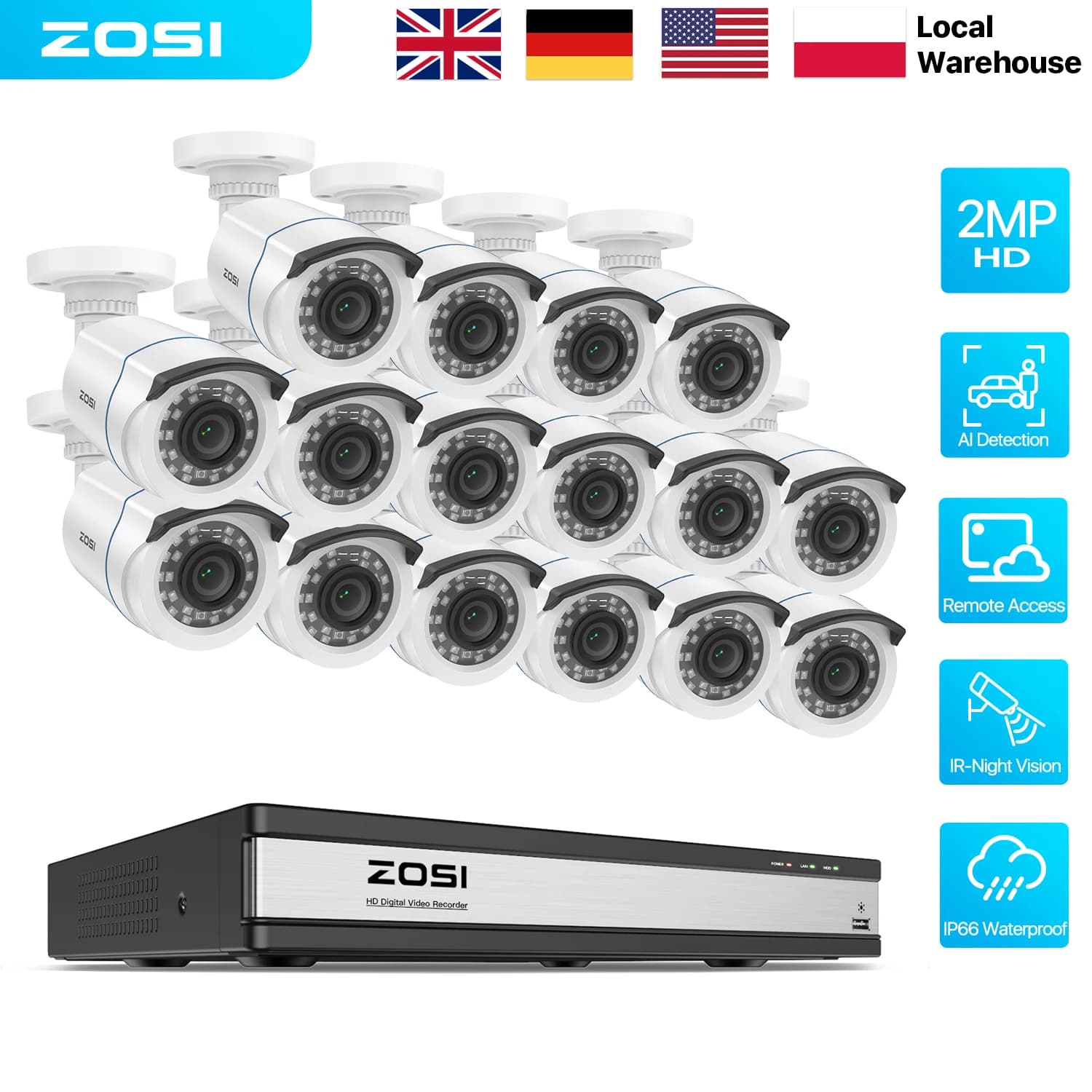 ZOSI 16 Channel 3K Security Camera System 16CH H.265+ Surveillance DVR Recorder 8/12/16pcs 1080p 2MP Night Vision CCTV Cameras Outdoor Indoor
