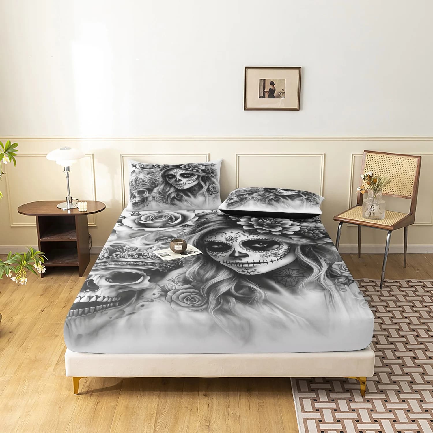 3Pcs Skull Print Fitted Bed Sheet, Gothic Tattoo Style Skull Bed Sheet Set, For Family Dormitory Hotel Bedding Thick Mattress