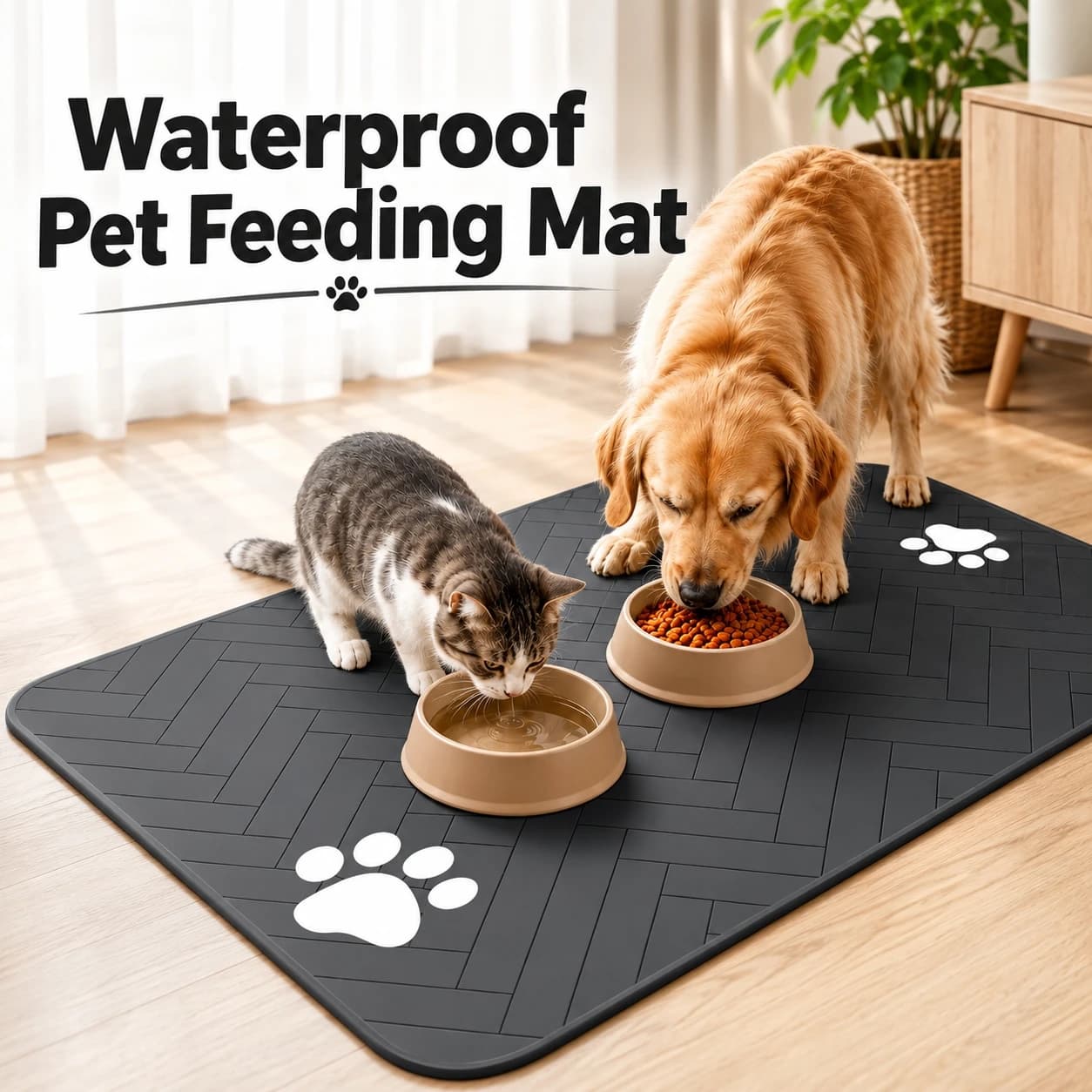Absorbent Pet Feeding Mat for Food & Water Bowls, Quick Dry Placemat with Waterproof Rubber Backing for Dogs & Cats