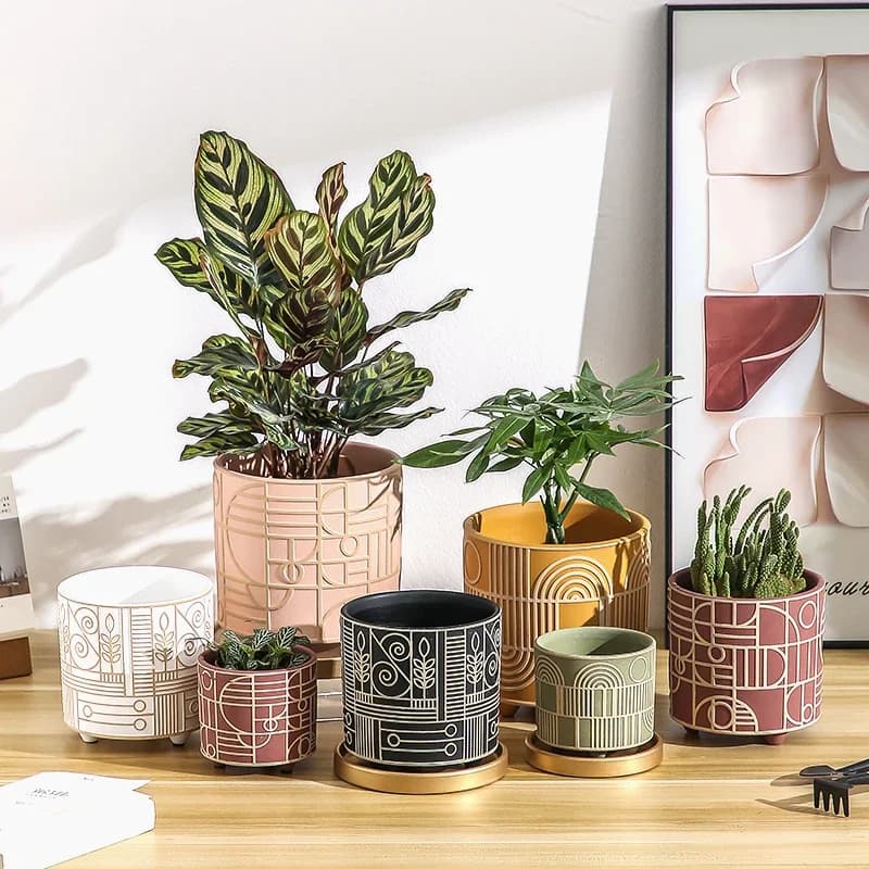 Simple cylindrical ceramic flower potted plant Garden decoration Indoor flower pot with golden tray