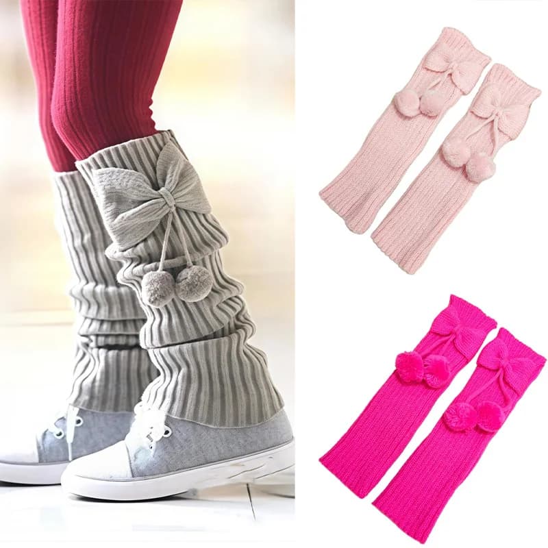 1 Pair New Winter Children Knee Pads Woolen Warm Boot Covers Stacked Leg Guards Children Butterfly Knot Hanging Ball Sock Covers