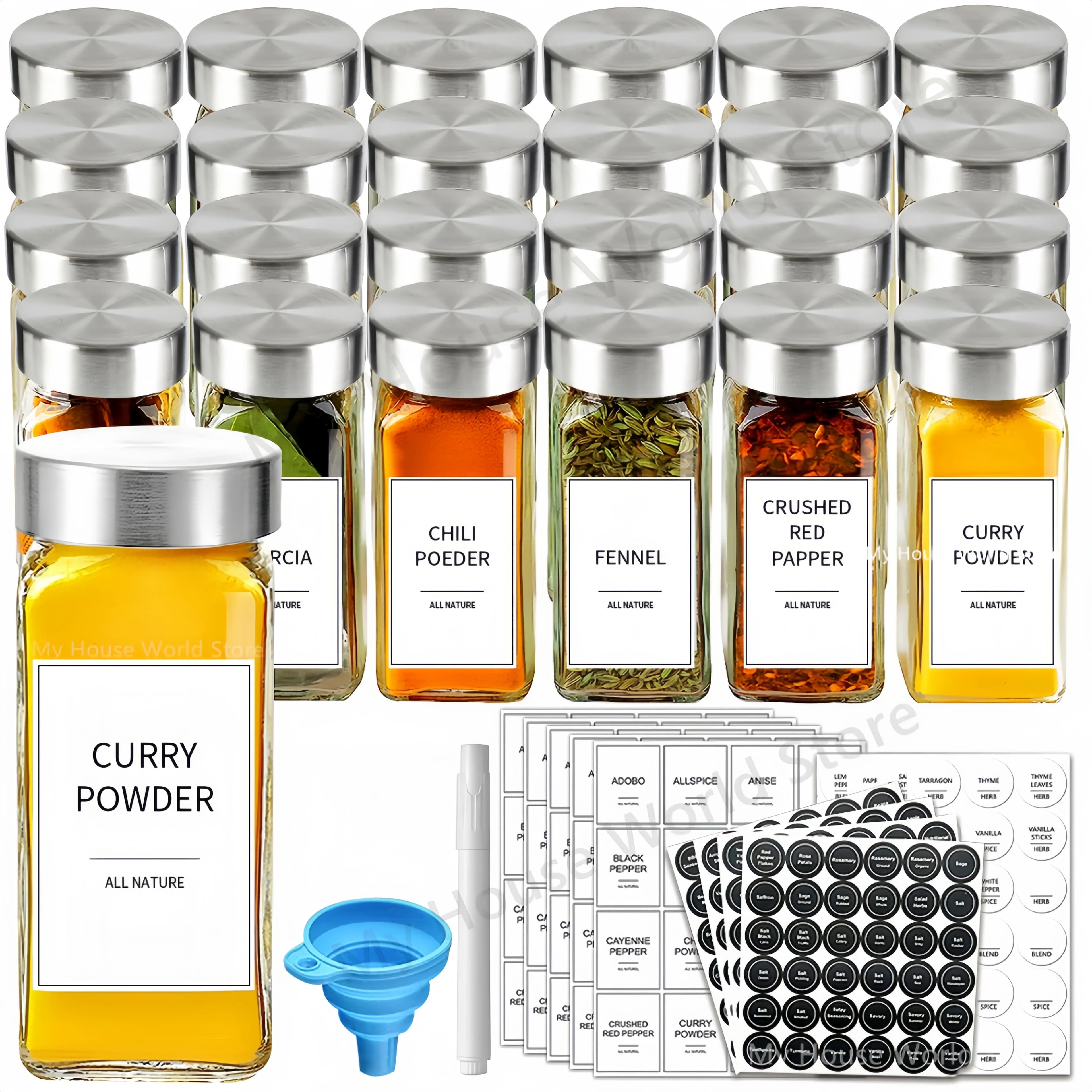 Glass Spice Jars with Stainless Steel Spice Seasoning Containers Salt Pepper Shakers Spice Organizer Biodegradable Spice Jar Set