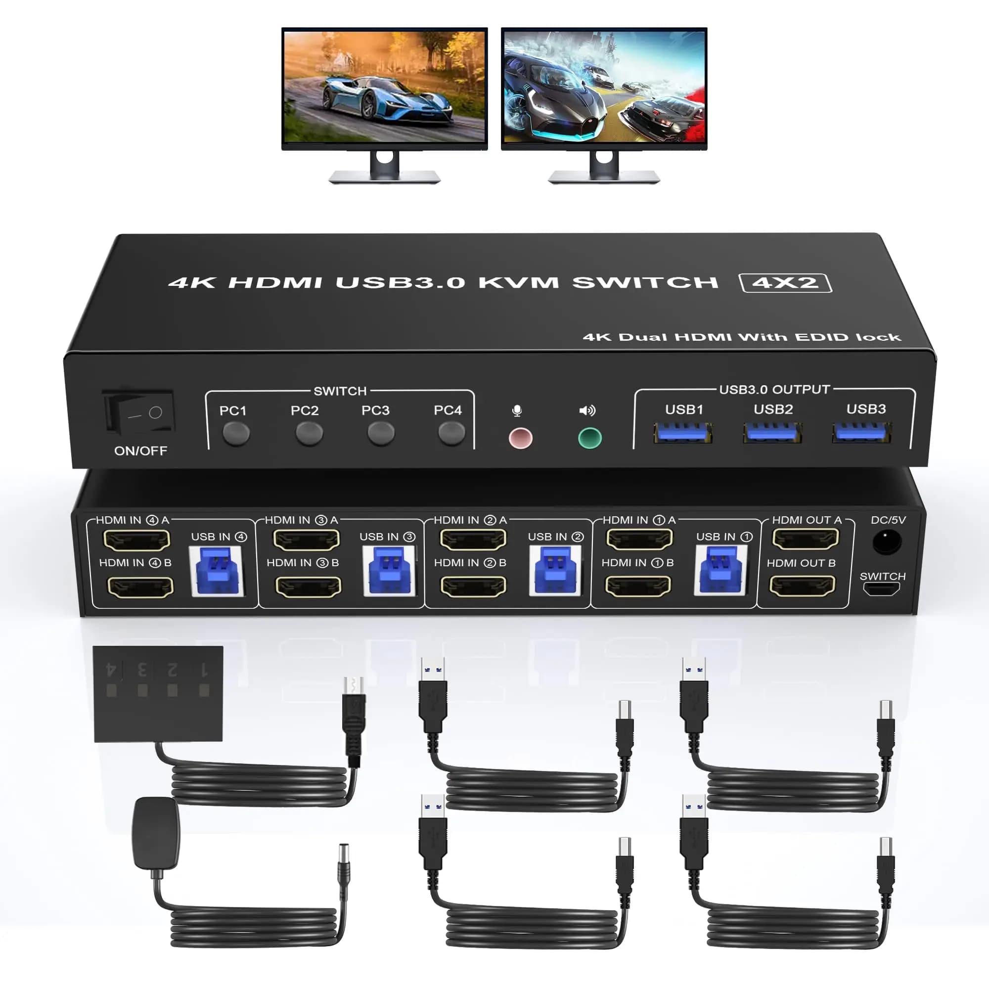USB 3.0 4K dual monitor HDMI 4 computer 2 monitor, 4 port HDMI KVM switch input Supports EDID emulators with audio
