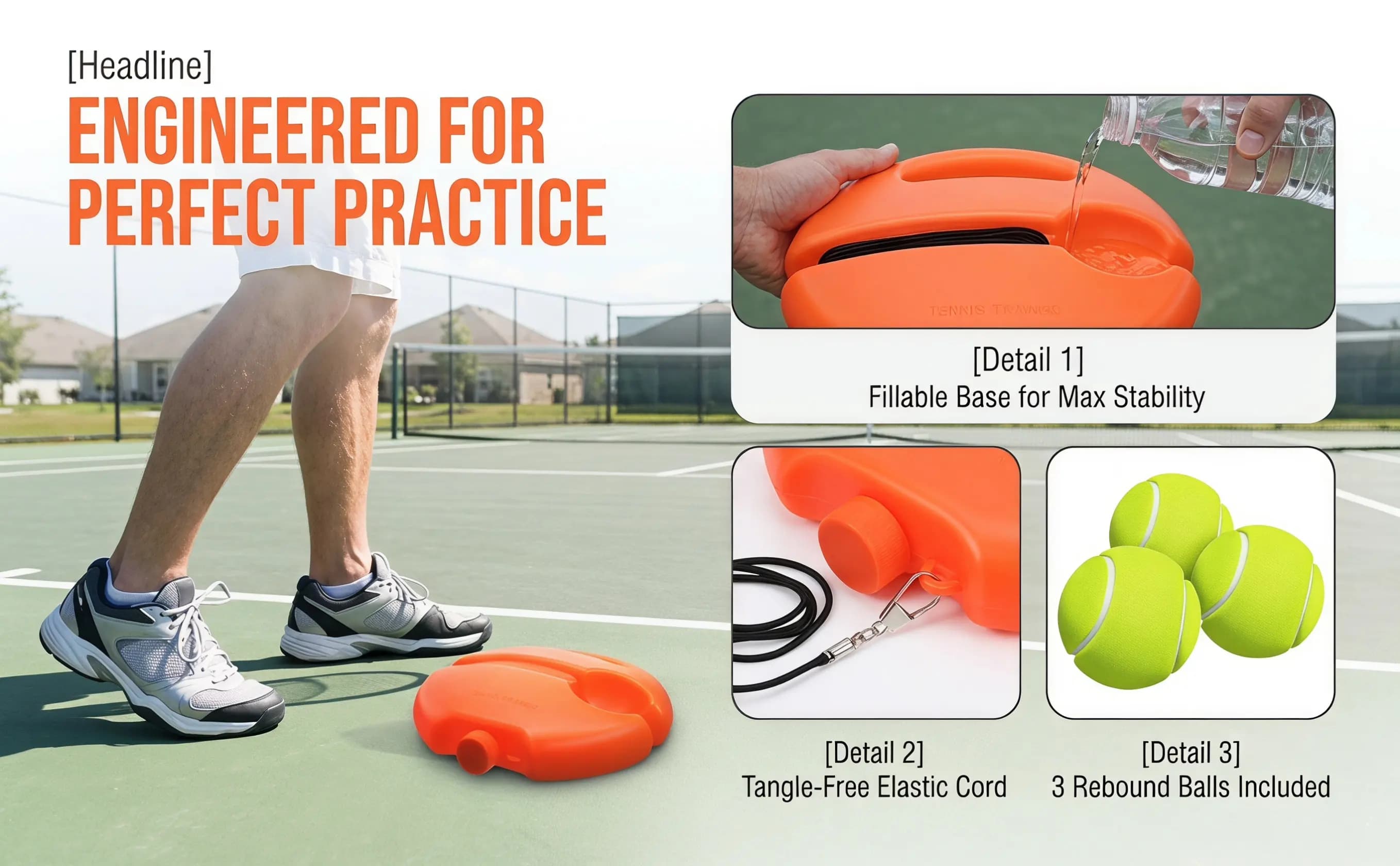 1Set Portable Tennis Solo Trainer with Elastic Cord Rebound Ball System Sand Water Fillable Base Indoor Outdoor Tennis Practice