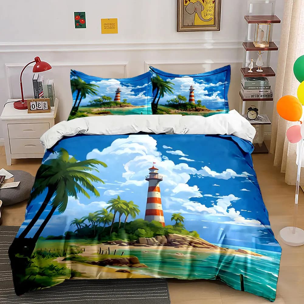 Set copripiumino con motivo faro e palme al mare, stampa digitale, biancheria da letto colorata in poliestere con chiusura a cerniera, ideale come regalo