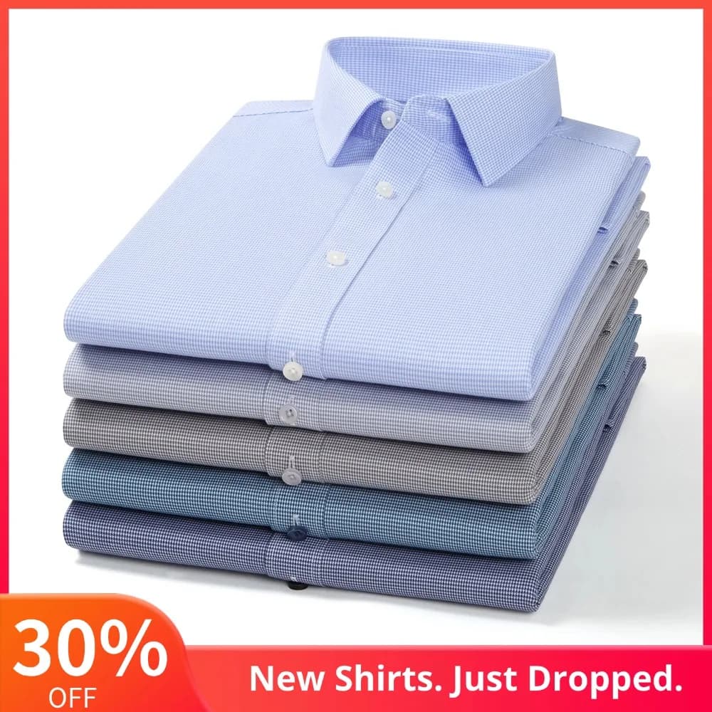 Camicia da uomo in cotone abbottonato a maniche lunghe pied de poule senza stiratura, senza tasca, delicata sulla pelle, casual, versatile per varie occasioni