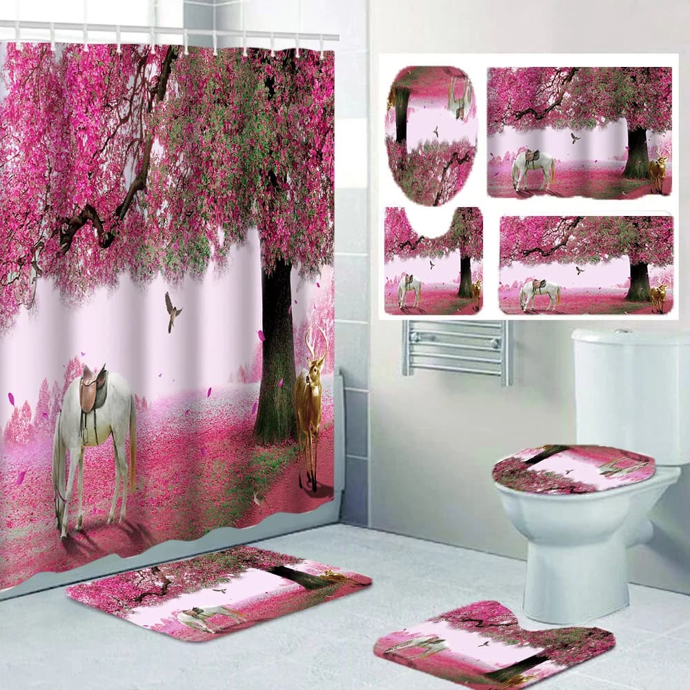 1/4 tende da doccia con albero rosa, decorazione per sedili WC, tenda da doccia con moquette e coperchio WC, ganci da 12 70,8x70,8 pollici