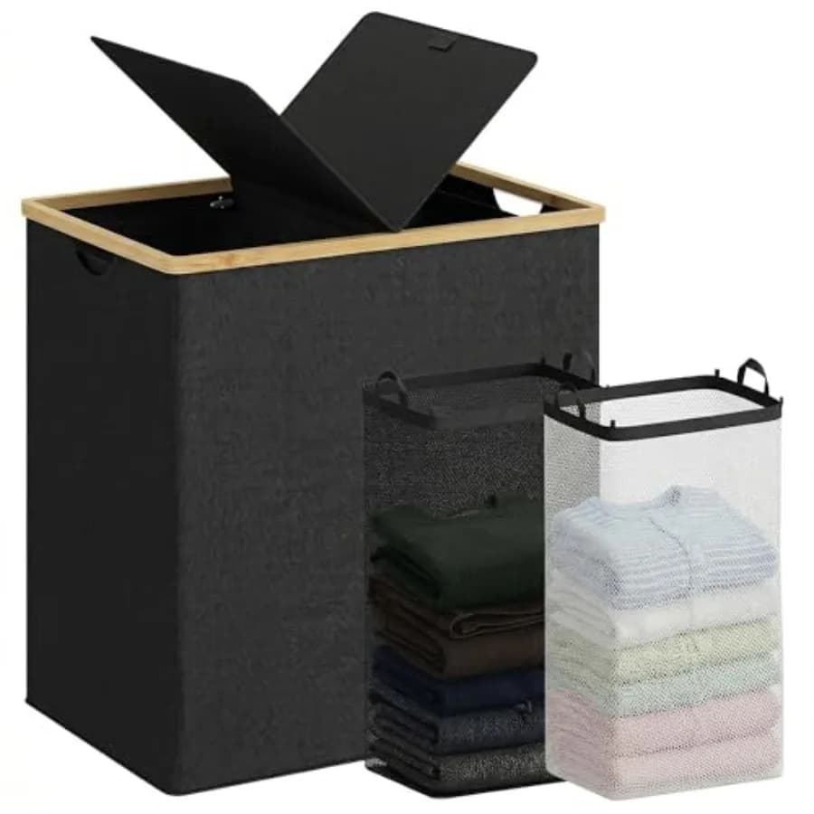 Laundry Hamper with Lid, Double Laundry Basket with 2 Removable Bags, 2 Section Laundry Bin with Bamboo Handles for Bathroom, B