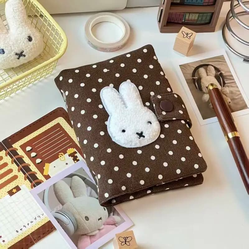 Miffy Kawaii Brown Polka Dot Fabric M5 Loose Leaf Notebook Bunny Snap Button Portable Refillable Pocket Diary Planner