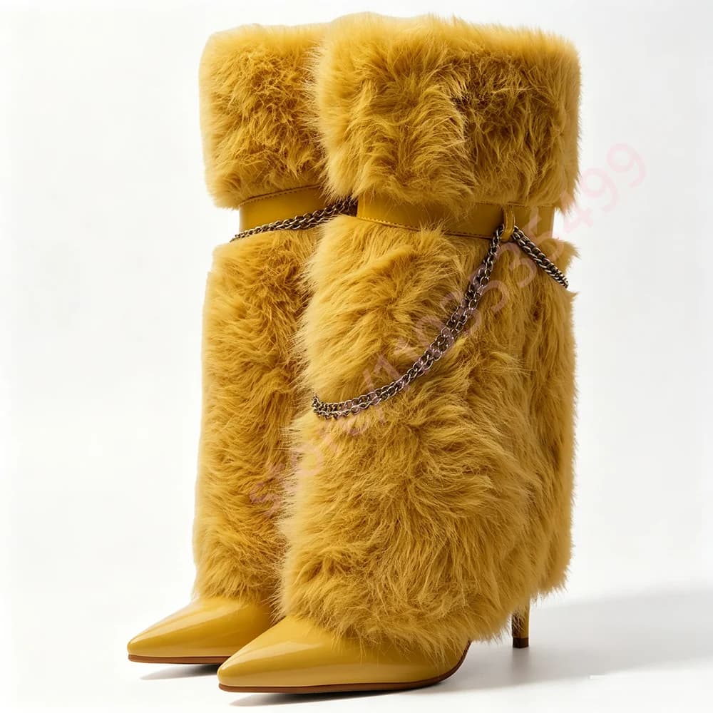 2026 Fluffy Fur Mid Calf Boots Women Patent Pointed Toe Thin Stiletto Heel Metal Chain Belt Decor Winter Warm Fashion Booties