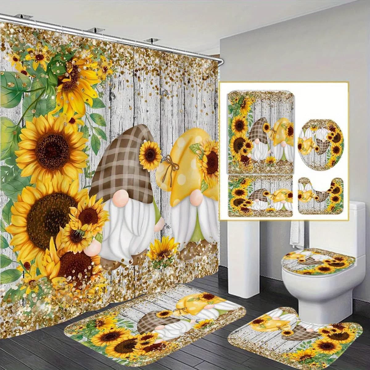 Set di tende da doccia con decorazione multi-stile nano carina da 4 pezzi, tenda da doccia, tappeto da bagno, tappetino per WC a forma di U, copertura per sedile WC