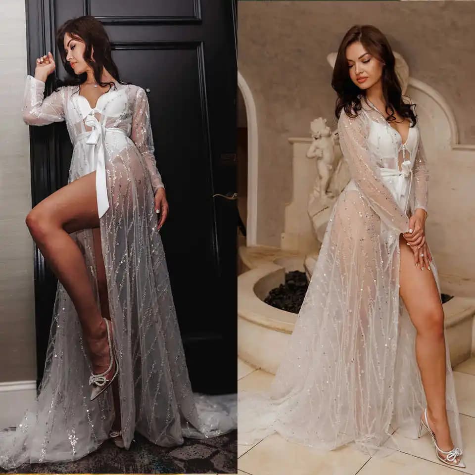 Elegant woman's pyjamas with nightgown, beads, sequins, long sleeve, custom photo wedding robe