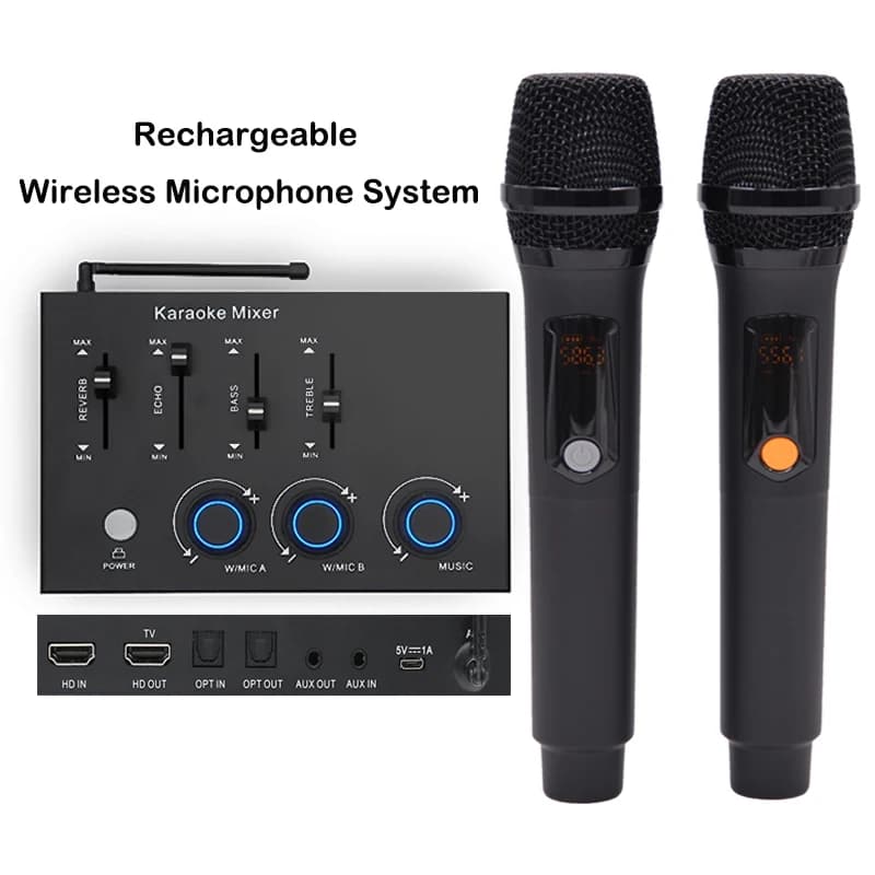 Mixer karaoke con microfono wireless ricaricabile a doppio canale UHF con eco riverbero taglio vocale bassi alti per soundbar smart tv