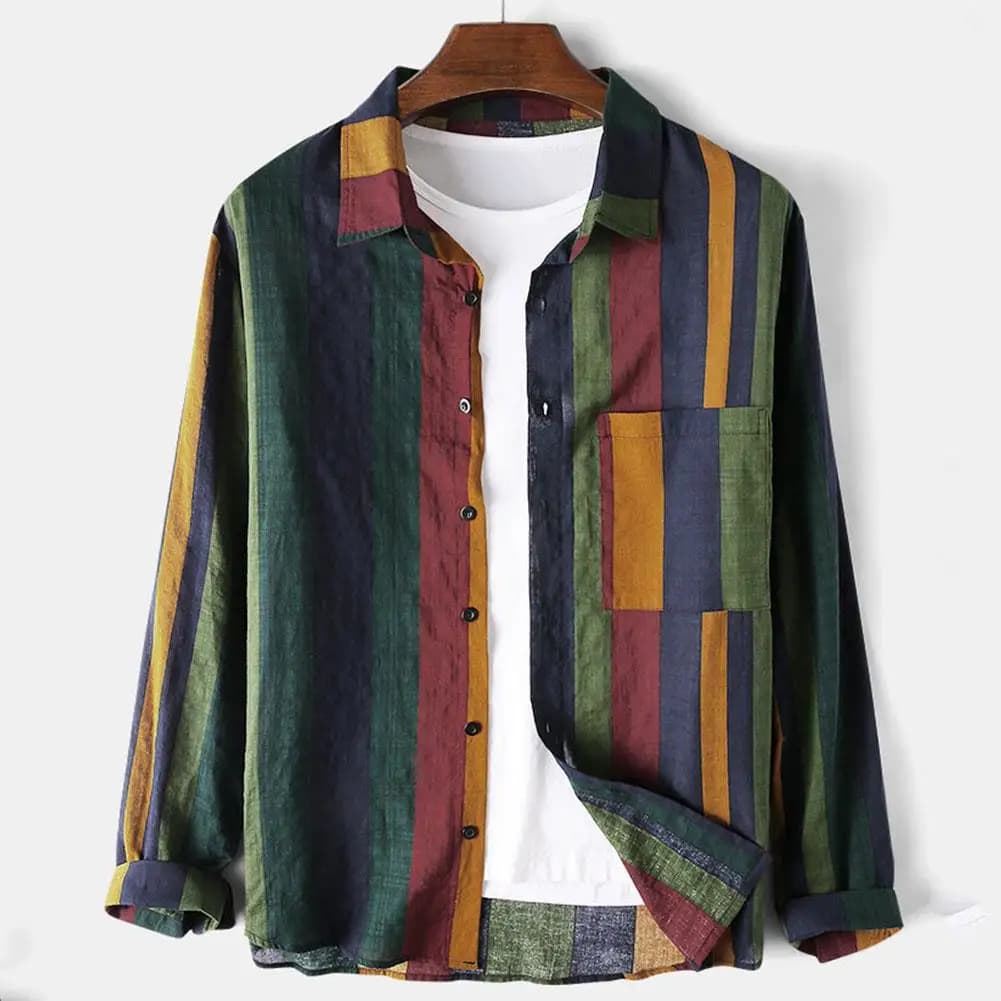 2020 Vintage Men's Stripe Shirt Long Sleeve Neck Blouse Special Wide Fit Regular Thickness Autumn Season Fashion