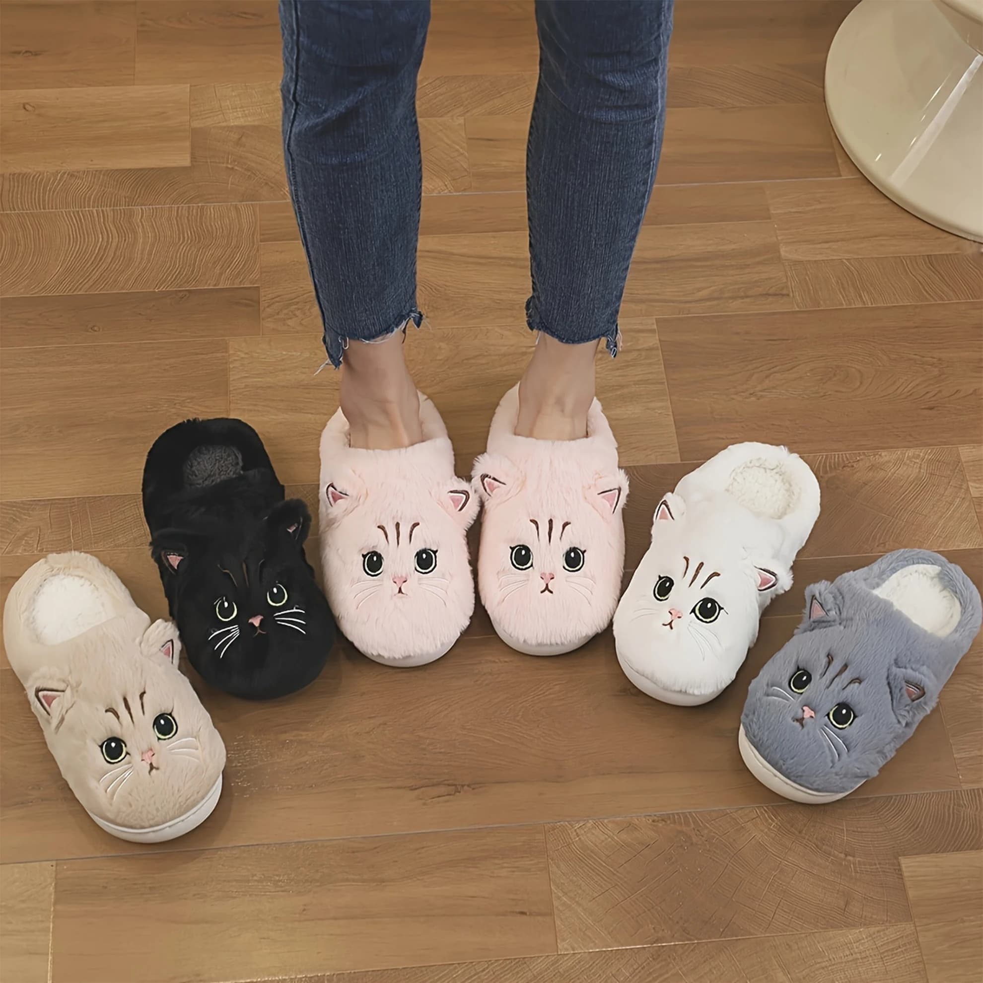 New Home Slippers in plush, cute cat-shaped design, casual clothing gifts for family members, couples, cat lovers, ladies