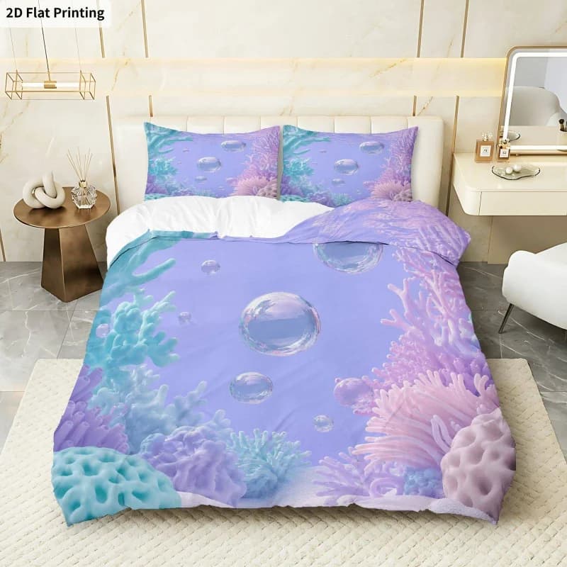 2D Flat Printing 3PCS Duvet Cover, 1 Duvet Cover + 2 Pillowcases (Without Filler), Ocean Coral Bubble Theme