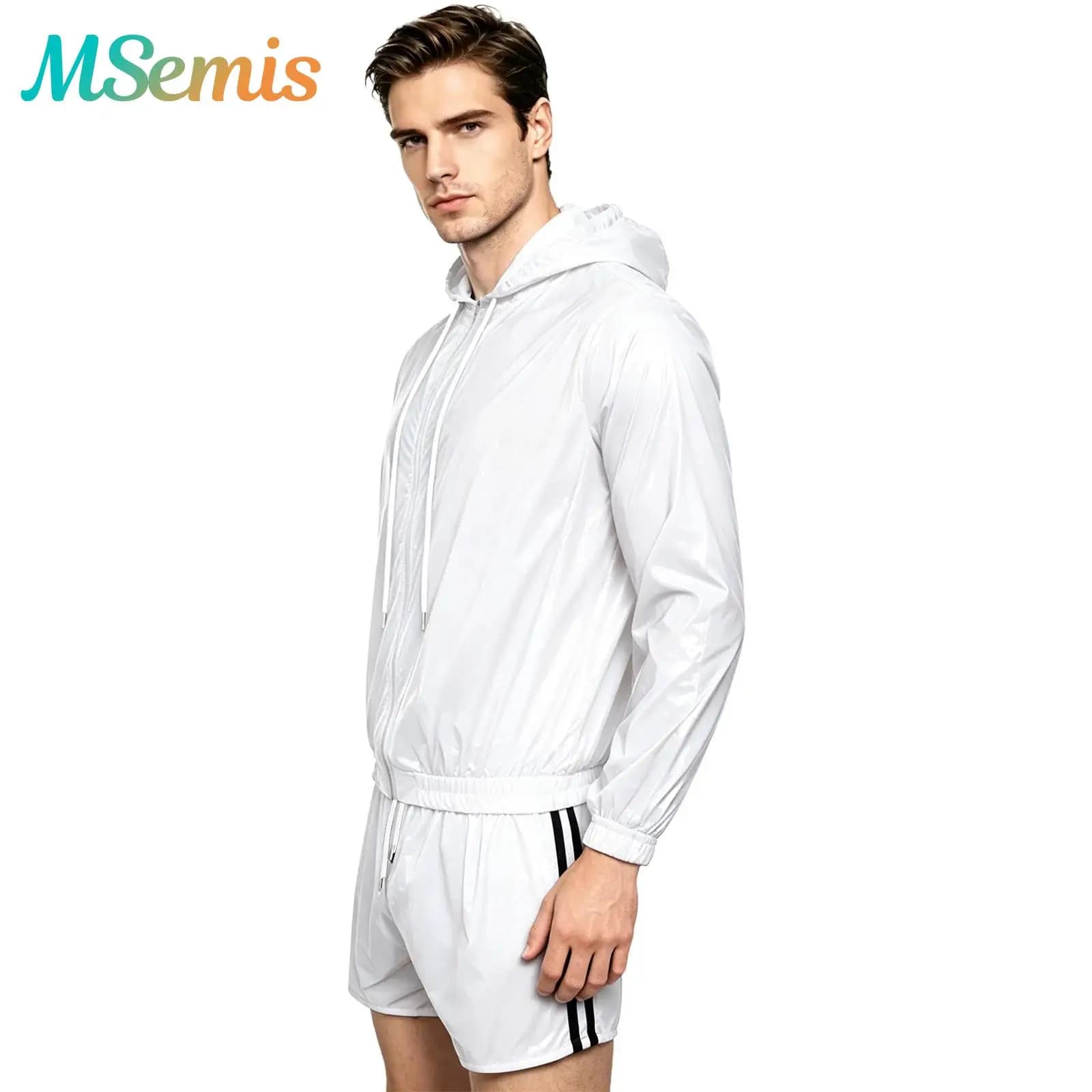 Mens Waterproof Sportswear Tracksuit Long Sleeve Front Zip-up Hooded Jacket Built-in Briefs Boxer Shorts Sweat Sports Outfit