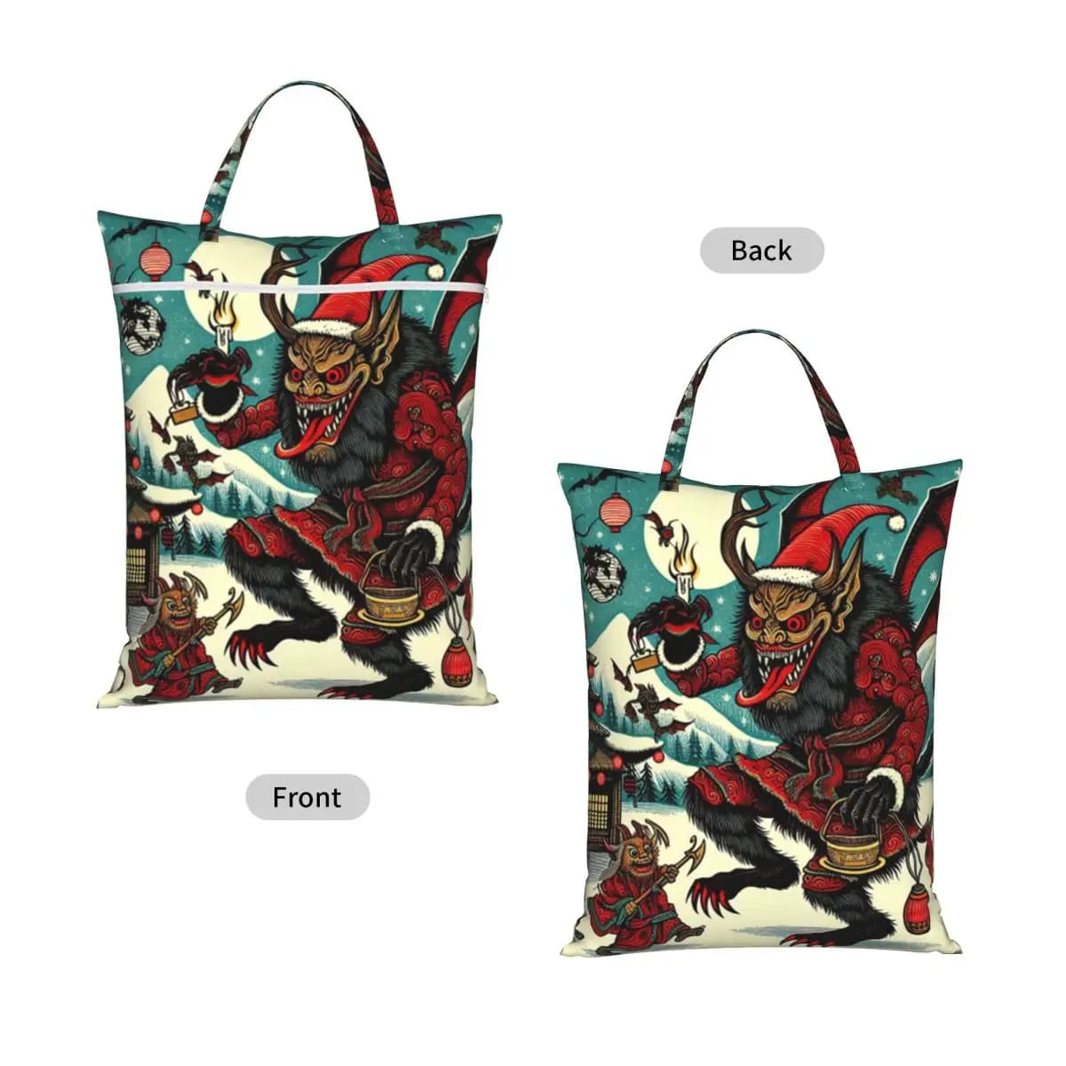Japanese Woodcut Krampus Travel Laundry Bag Waterproof Reusable Dirty Clothes Pouch Gym Yoga Camping Washing Basket