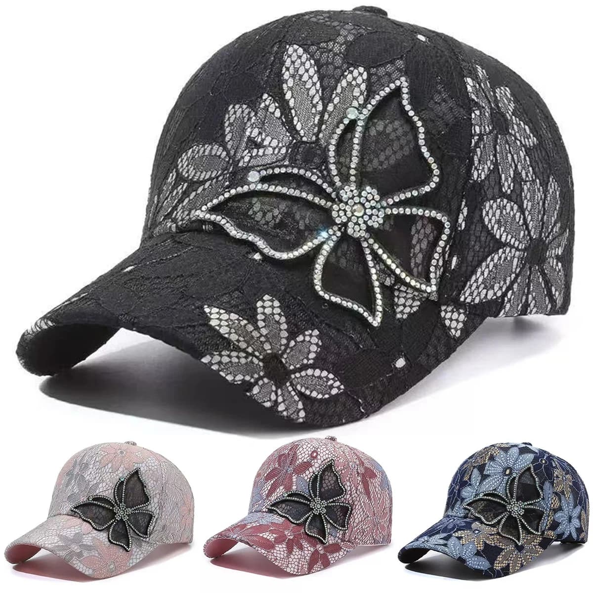 Unisex Lace Hot Diamond Butterfly Baseball Caps Spring Autumn Outdoor Adjustable Casual Hats Sunscreen Hat Sports Cap