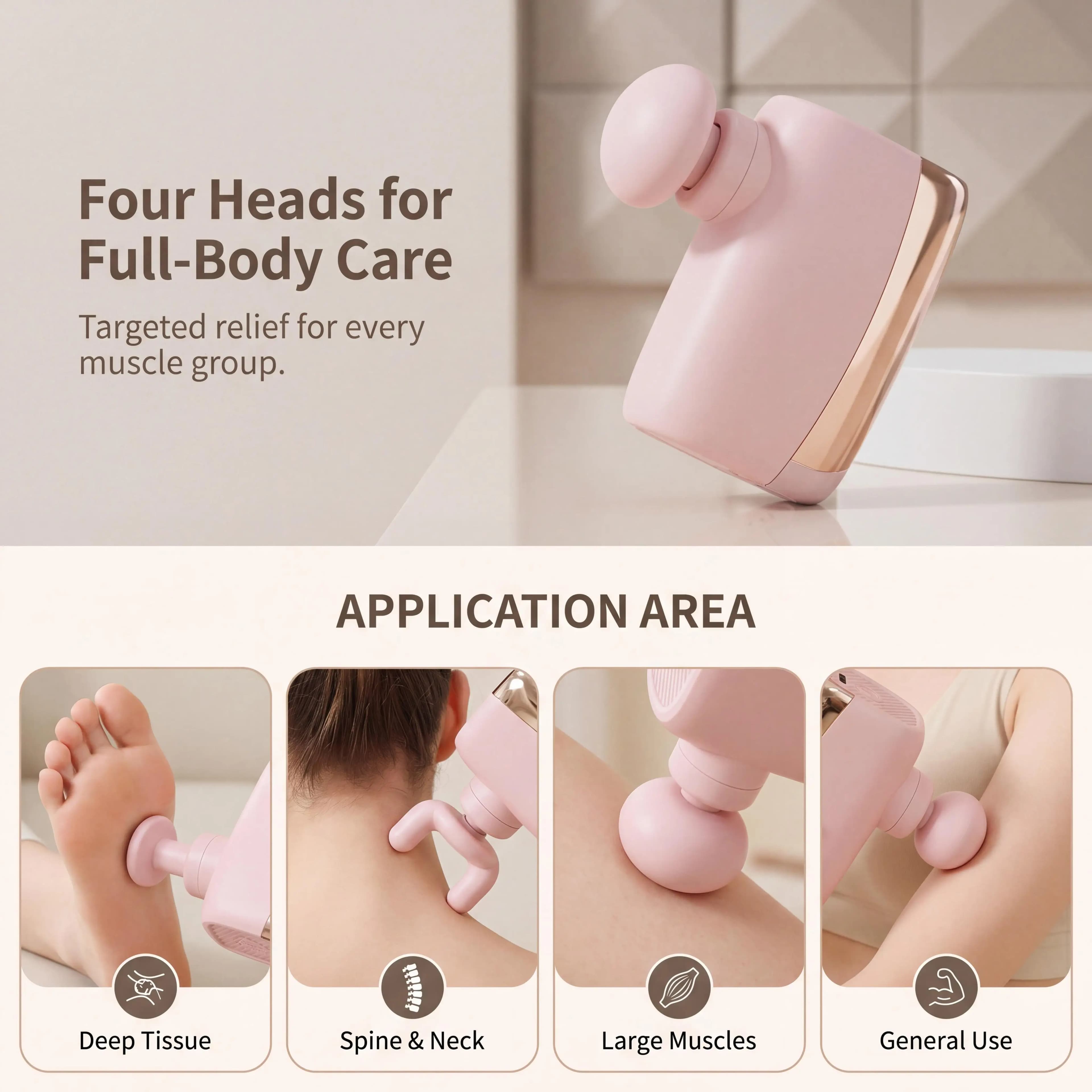 Mini Pocket Massage Gun, Portable Deep Tissue Percussion Fascia Massager with 4 Massage Heads, 6 Speed Levels
