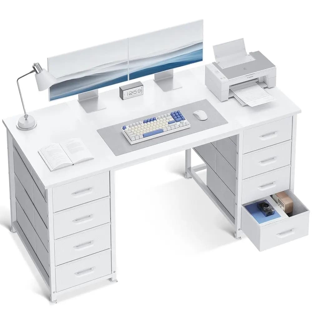 Scrivania per Computer Bianca da 48 Pollici con 8 Cassetti in Tessuto, Scrivania Moderna con Ampio Spazio di Archiviazione per Ufficio Domestico, Studio, Gaming, Bianca