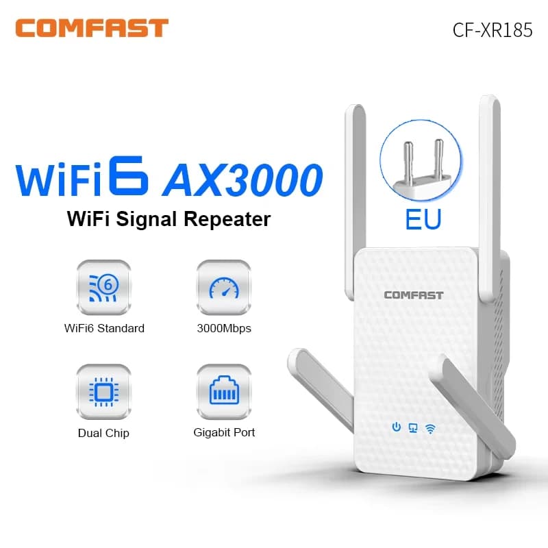 Ripetitore WiFi 6 Comfast AX3000, Estensore di Segnale WiFi 2G&5GHz, Ripetitore di Segnale con 4 Antenne, Amplificatore di Segnale a Lunga Distanza, Spina EU
