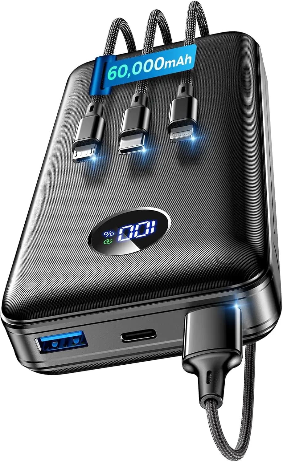 60.000mAh Portable Charger with 22.5W Quick Charging, USB-C/iOS/Micro-USB Cables Included for Travel and Camping