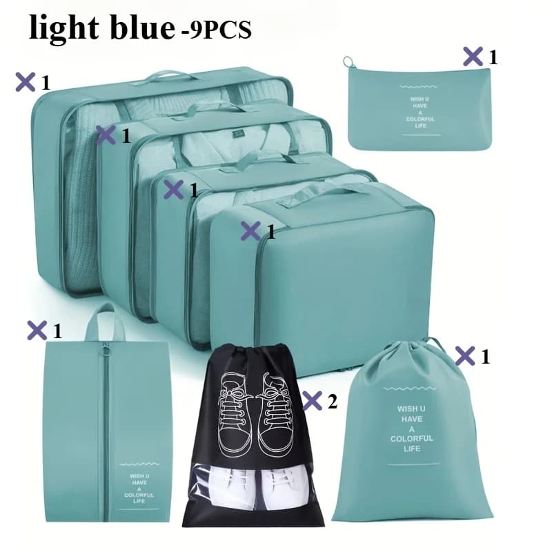 Set di 9 borse portaoggetti da viaggio, organizer portatili per vestiti, scarpe e biancheria intima, include una borsa per articoli da toeletta, salvaspazio
