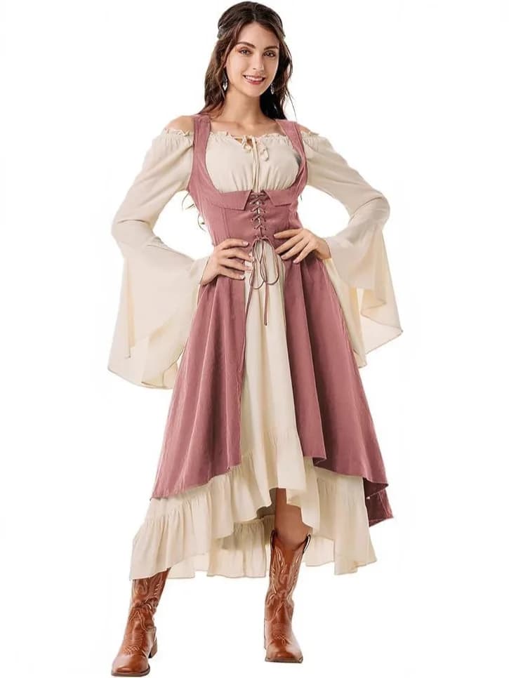 Costume di abbigliamento rinascimentale di Halloween Costume da contadino pirata Cosplay Abito alto-basso Set da 2 pezzi