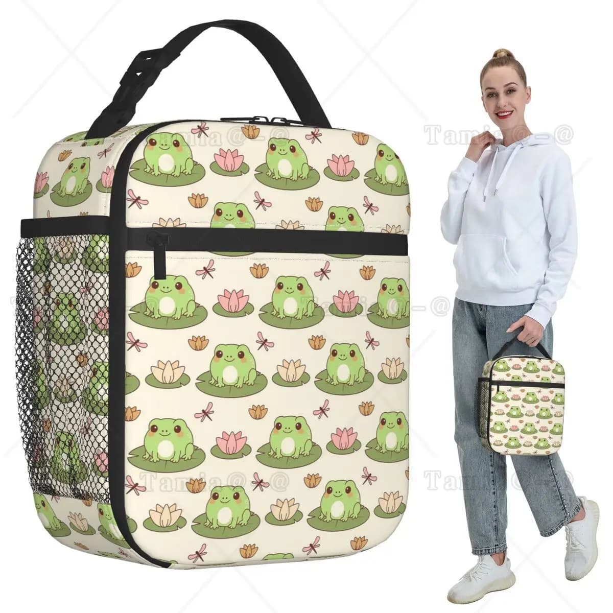 Cute Frog On Lotus Leaves Insulated Lunch Bag for Women Office Cooler Thermal Food Box Tote Leakproof Lunch Boxes Container