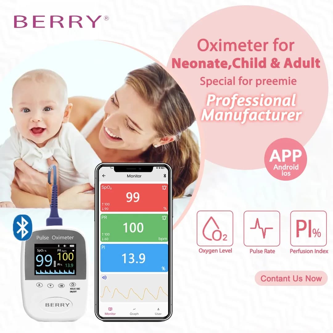 Portable Oximeter for Newborns and Children with Bluetooth and App, SpO2 Monitoring, PR, PI for Premature, Children and Adults