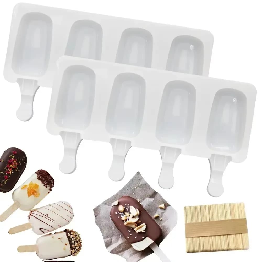 4Pcs Large Silicone Popsicle Molds Set,4 Cavities Oval Cake Pop&Ice Cream Bar Molds,Homemade Ice Making Kit Ice Cream Mold