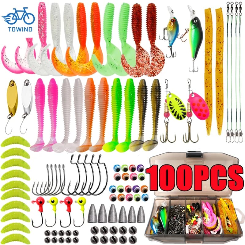 New 100-piece soft and hard bait fishing bait set Mixed artificial bait kit Minnow hooks Popper all fishing equipment accessories with gift box