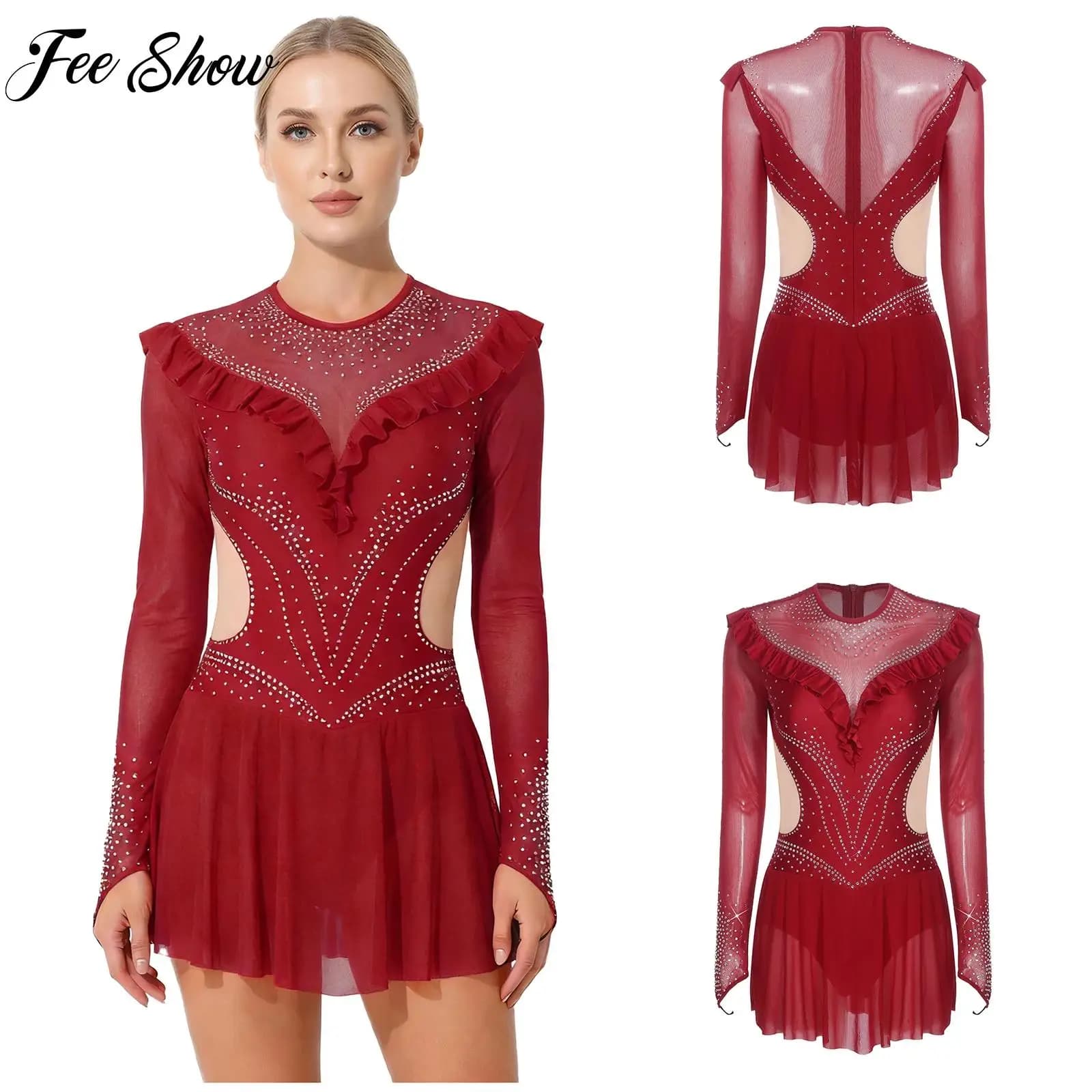 Costume da Gara per Danza Latina e Pattinaggio Artistico per Donna, Abito con Strass, Rete e Bordi Arricciati