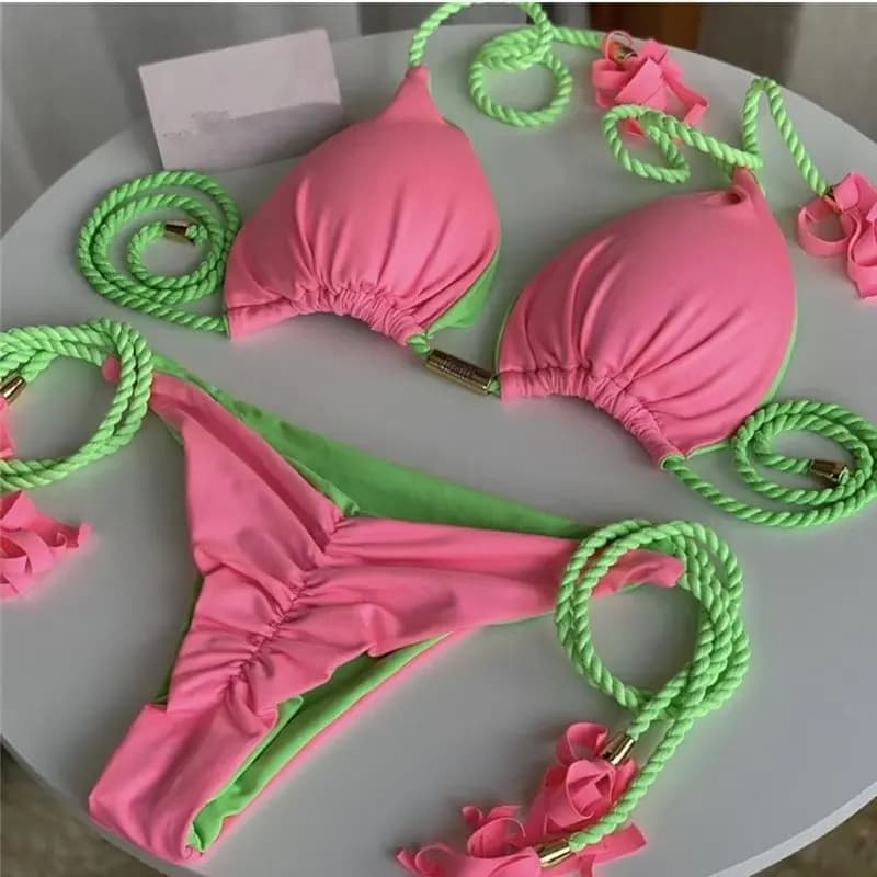 Nuovo Costume da Bagno Sexy da Donna, Set Bikini all'Uncinetto a 2 Pezzi, Triangolare Brasiliano, Push-Up, per Spiaggia Estiva