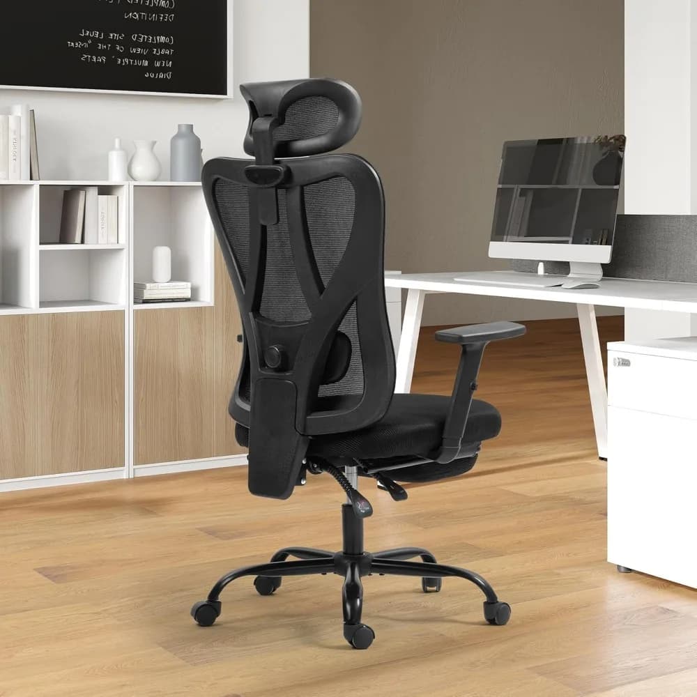 Sedia da ufficio grande e alta, schienale alto ergonomico con poggiatesta regolabile e supporto lombare, sedia da scrivania in rete con cuscino ampio