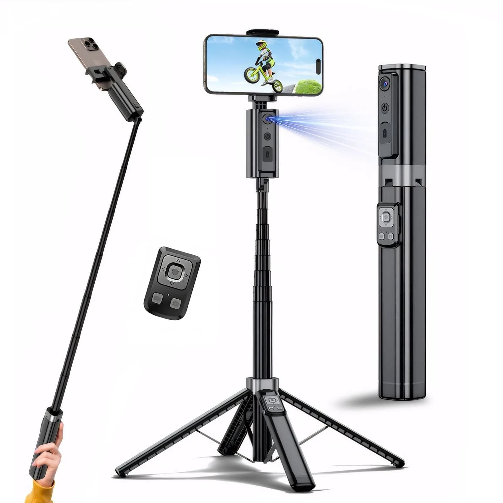 Treppiede con tracciamento automatico del volto 360 ° Rotazione per iPhone Android, supporto per telefono con tracciamento automatico da 59 pollici, treppiede, selfie stick per video Vlog