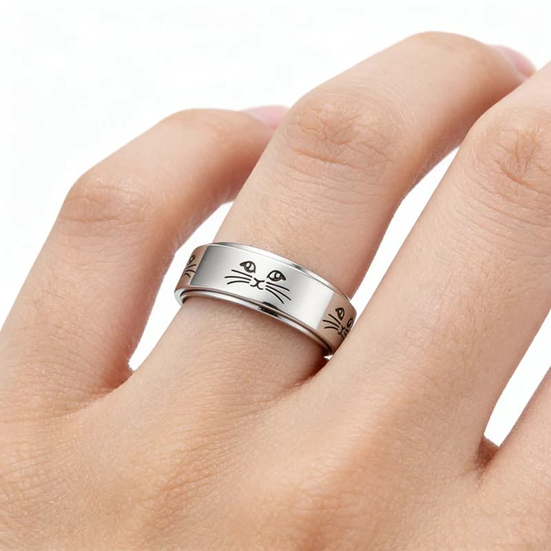 Anello Antistress a Forma di Gatto o Tartaruga, Gioiello in Acciaio Inossidabile, Anelli Rotanti con Animali Carini per Ragazze, Accessori Regalo