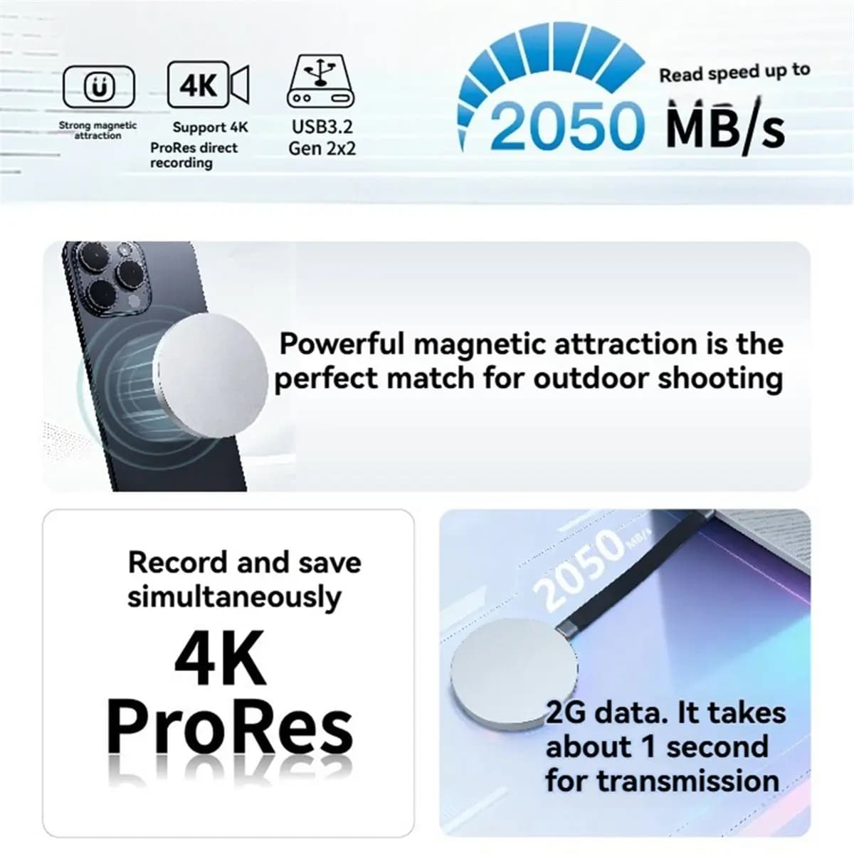 Disco a stato solido portatile SSD esterno magnetico da 1 TB 2000 MB/S per 15 Pro/16/17 Pro 4K ProRes HDR Record e negozio