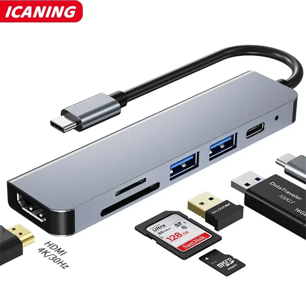 6 in 1 USB C Hubs Type C 3.0 Adapter to 4K HDMI SD TF Card PD Fast Charge Splitter USB Docking Stations Hub for MacBook Computer