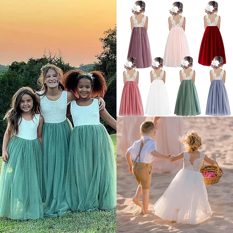 Flower Girls Wedding V-neck Evening Gown Children Lace Princess Dress Kids Backless Sleeveless Elegant Birthday Party Clothing