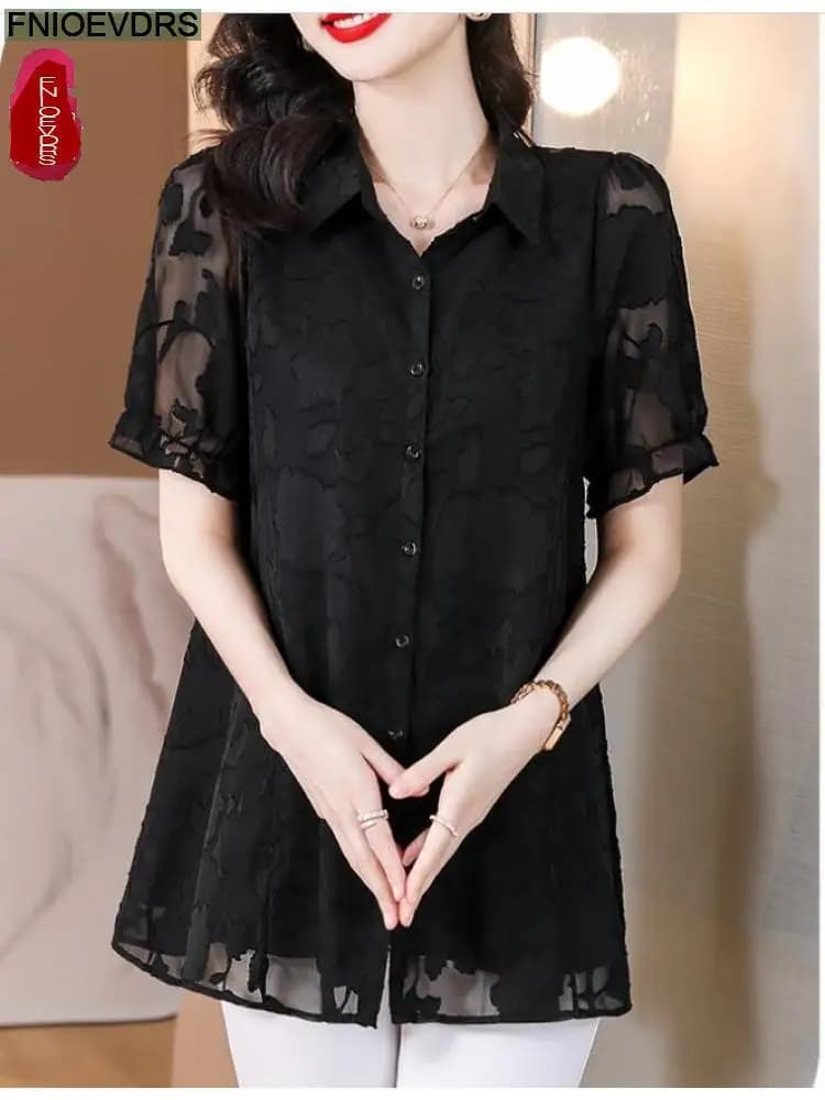 M-5XL 2023 donna estate manica corta elegante camicia da lavoro da donna con bottoni tunica Casual top e camicette in pizzo nero