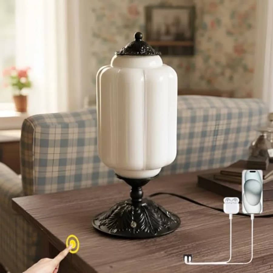 Lampada da Tavolo Vintage in Vetro Effetto Latte, Elegante Lampada da Comodino in Vetro Dimmerabile a 3 Livelli con Porte di Ricarica USB C+A - Per Camera da Letto