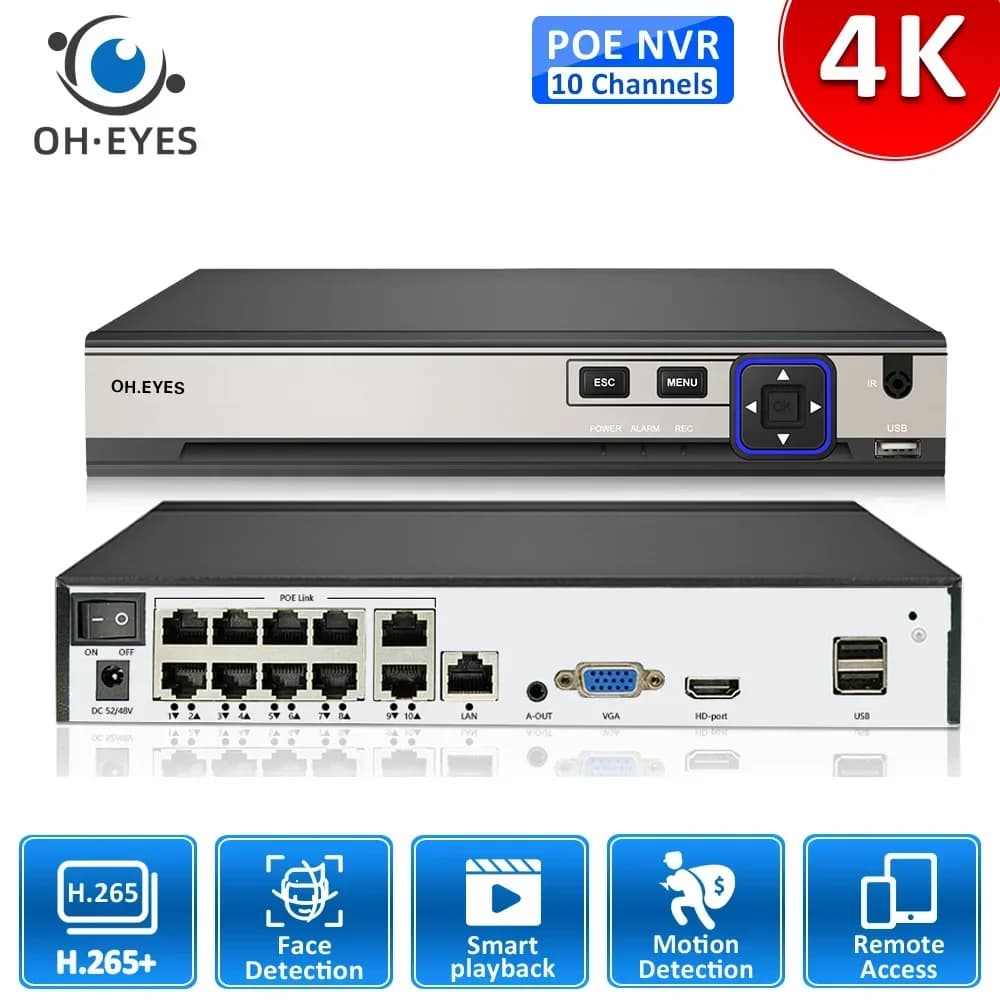 Registratore Video di Rete (NVR) POE H.265 4K 8CH 10CH per Sistema di Videosorveglianza IP CCTV XMEYE con Rilevamento Volto 8MP 4CH