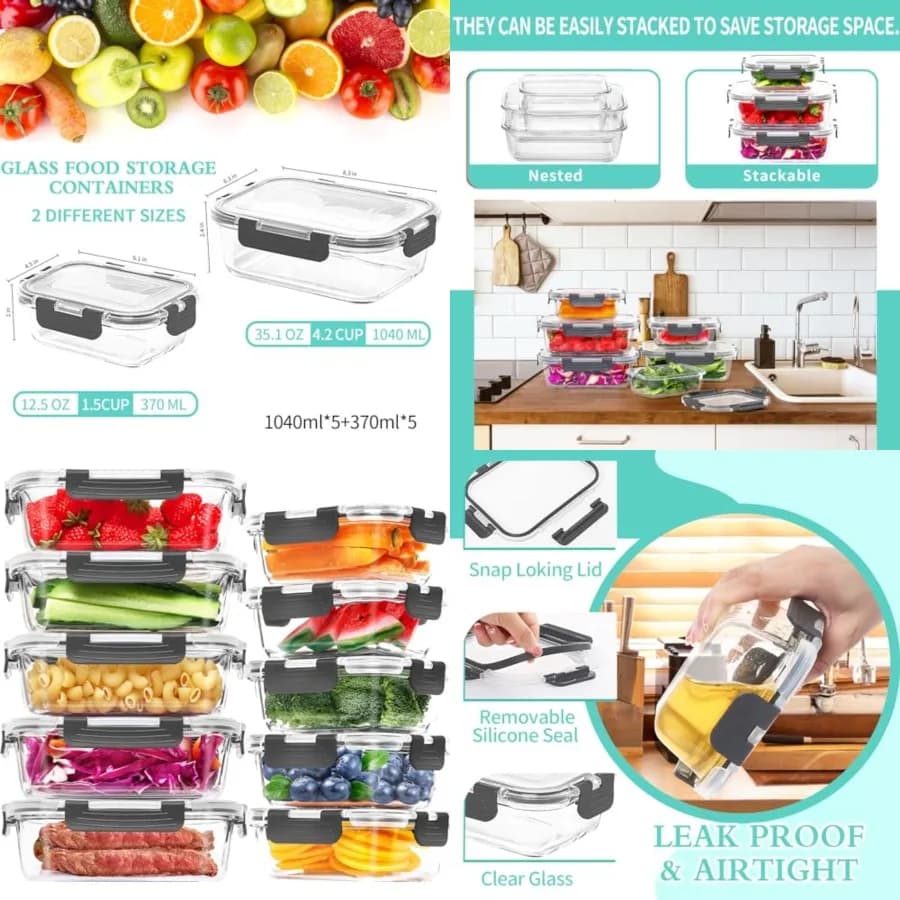 Set di 10 Contenitori in Vetro per Preparazione Pasti, Contenitori per Alimenti con Coperchi a Chiusura Ermetica, Scatole Bento per Microonde, Forno, Frigorifero