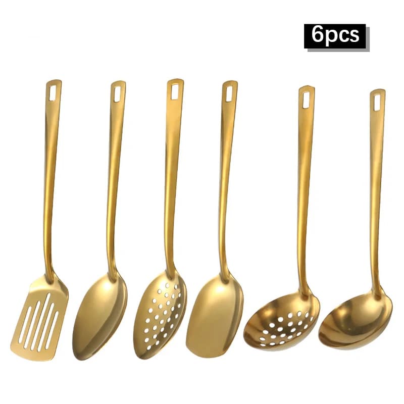 2/6pcs Stainless Steel Kitchenware Set Home Creative Korean Golden Soup Spoon Colander Hot Pot Spoon Kitchen Cooking Frying S