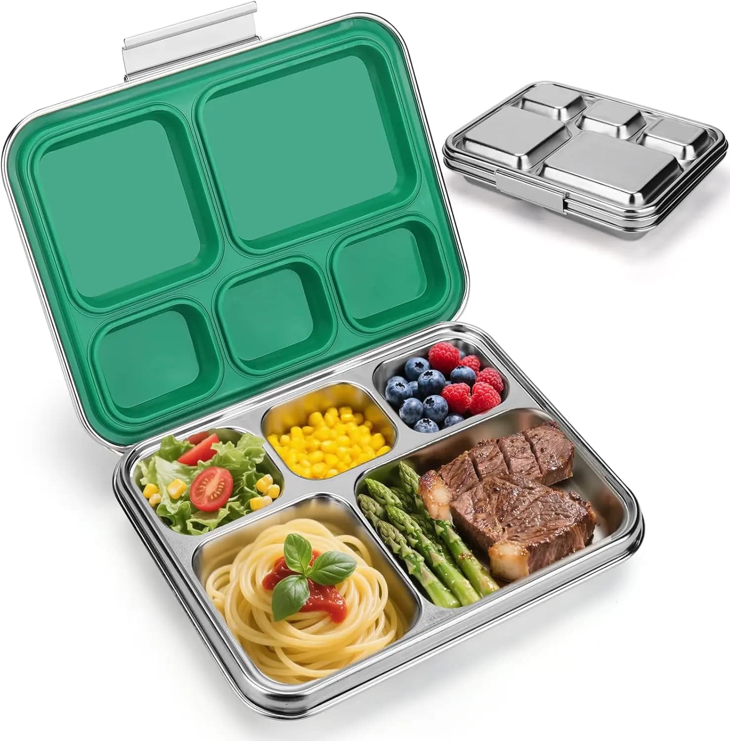 Bento Box per il pranzo in acciaio inossidabile con 5 scomparti, a prova di perdite per bambini e adulti, verde