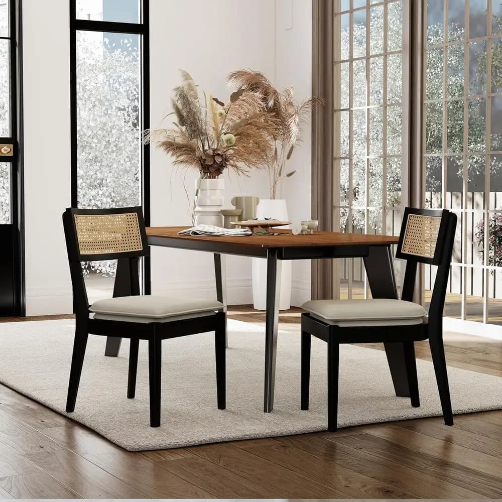Set di 2 sedie da pranzo in vimini con schienale in rattan e cuscino in lino beige, comode sedie imbottite in legno per cucina, soggiorno